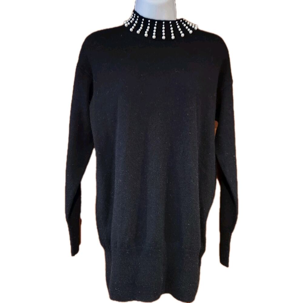 NWOT Hallhuber‎ Black Merino Wool Turtleneck With Beaded Collar Sz S